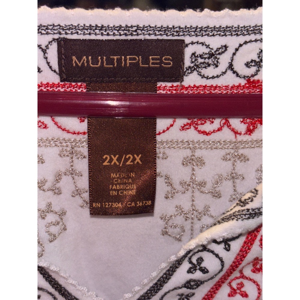 Multiples Womens 2X White Embroidered 3/4 Sleeve Boho Scoop Neck Top Red Gold - Picture 3 of 5